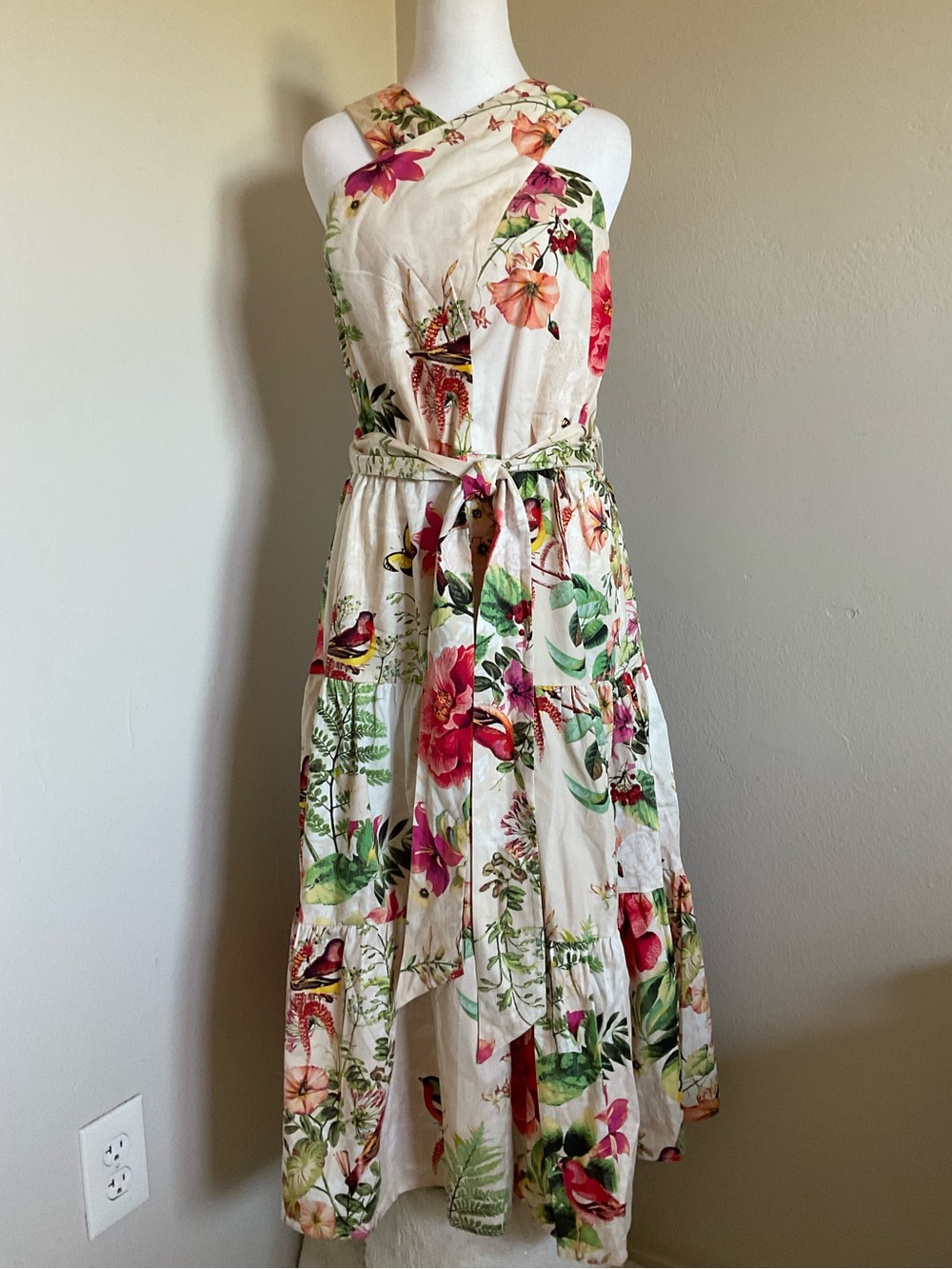 Ivory Floral Halter High-Low Dress with Self-Tie Waist women size 16